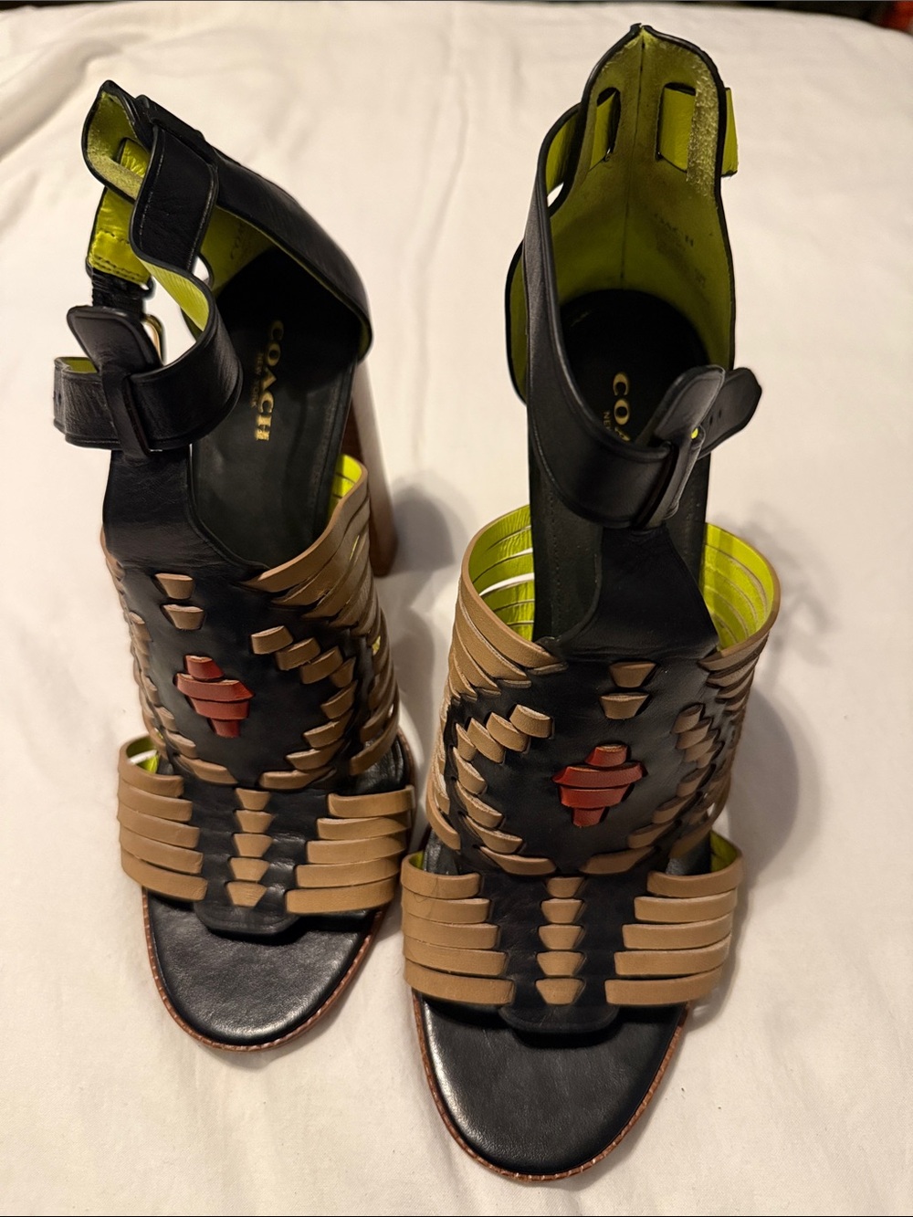 Coach Black Leather Woven Ankle-Strap Heels with Tan and Red Accents